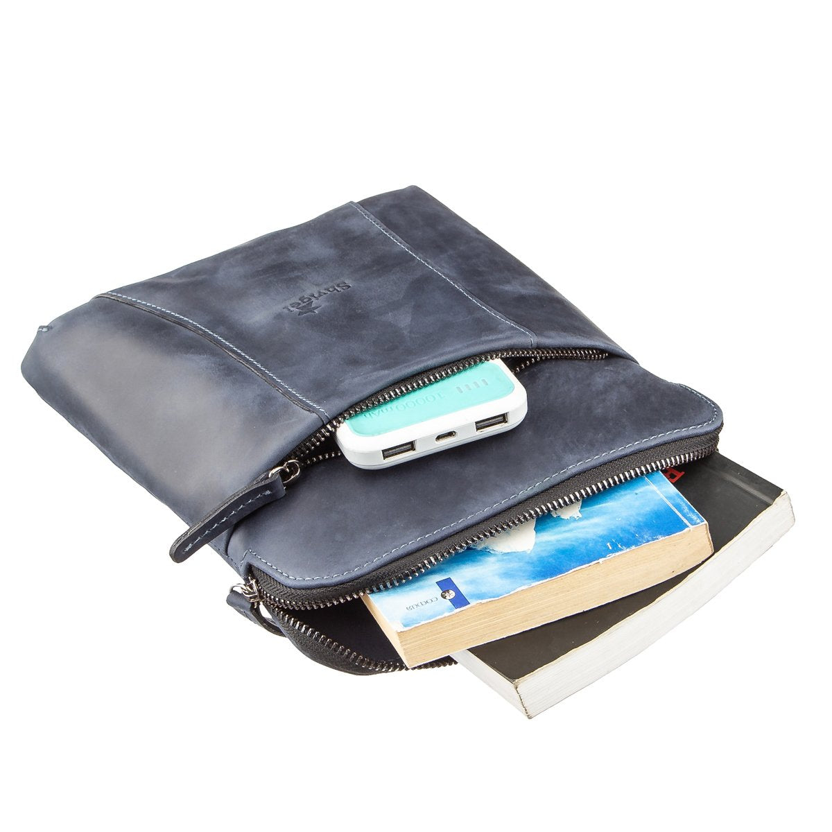 Stylish Men's Vintage Leather Messenger Bag SHVIGEL 11179 Blue, Made in Ukraine, High Quality Genuine Leather