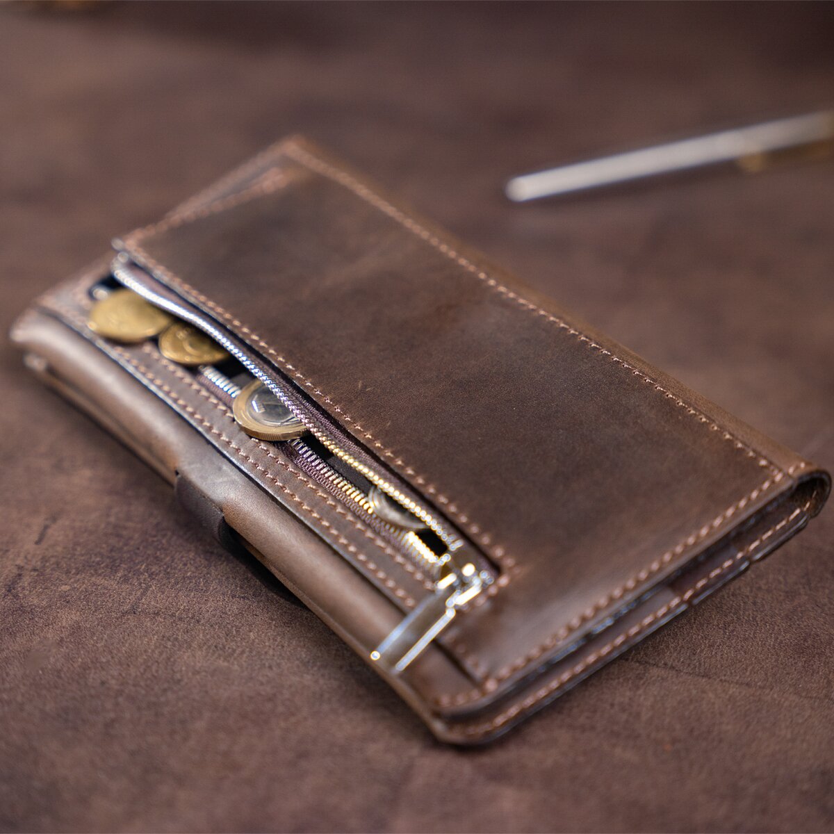 Men's Vintage Leather Wallet SHVIGEL 16207 Dark Brown Made in Ukraine Natural Leather