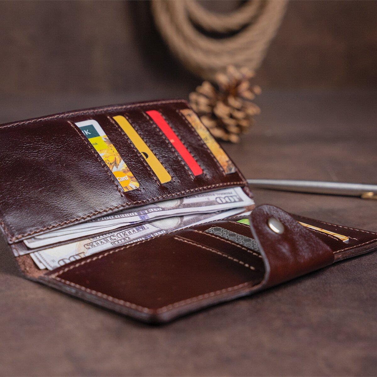 Vertical Wallet SHVIGEL 16171 Brown Alcor Leather with Snap Closure, Ukraine Made