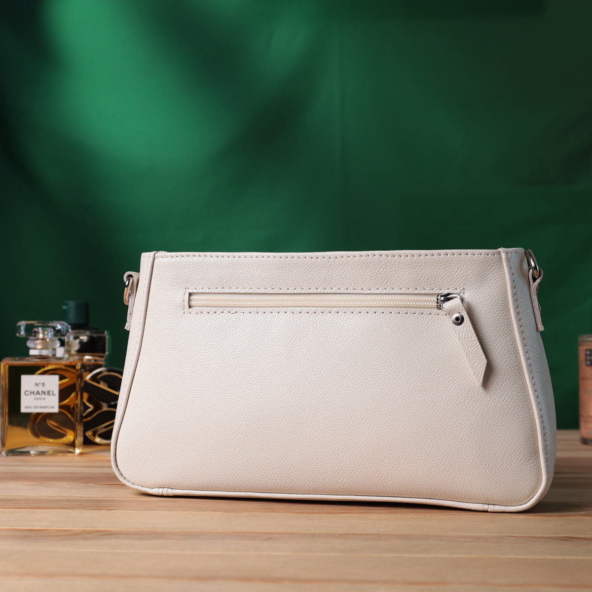 Baguette Bag SHVIGEL 22835 Beige with Chain and Removable Strap Made of Genuine Leather