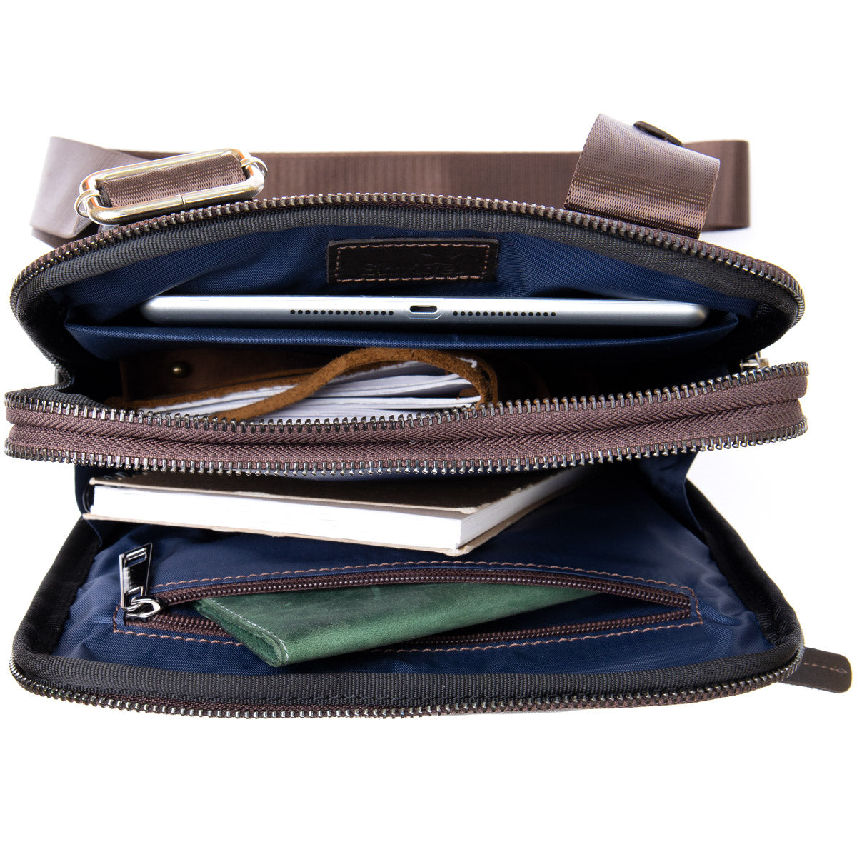 Stylish Tablet Bag SHVIGEL 11282 Brown Smooth Leather with Zipper Pocket