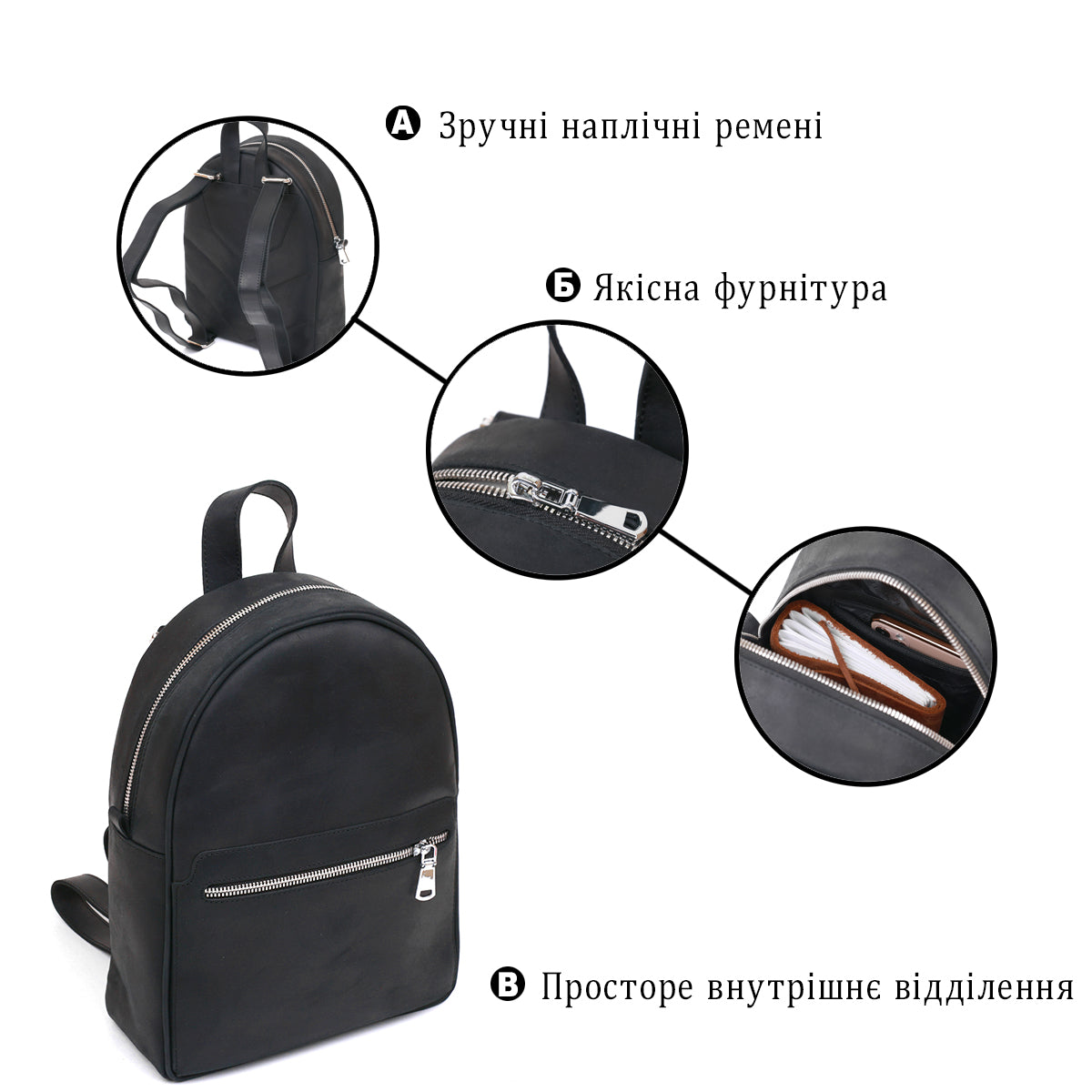 Vintage Universal Backpack SHVIGEL 16313 Black Natural Leather Made in Ukraine