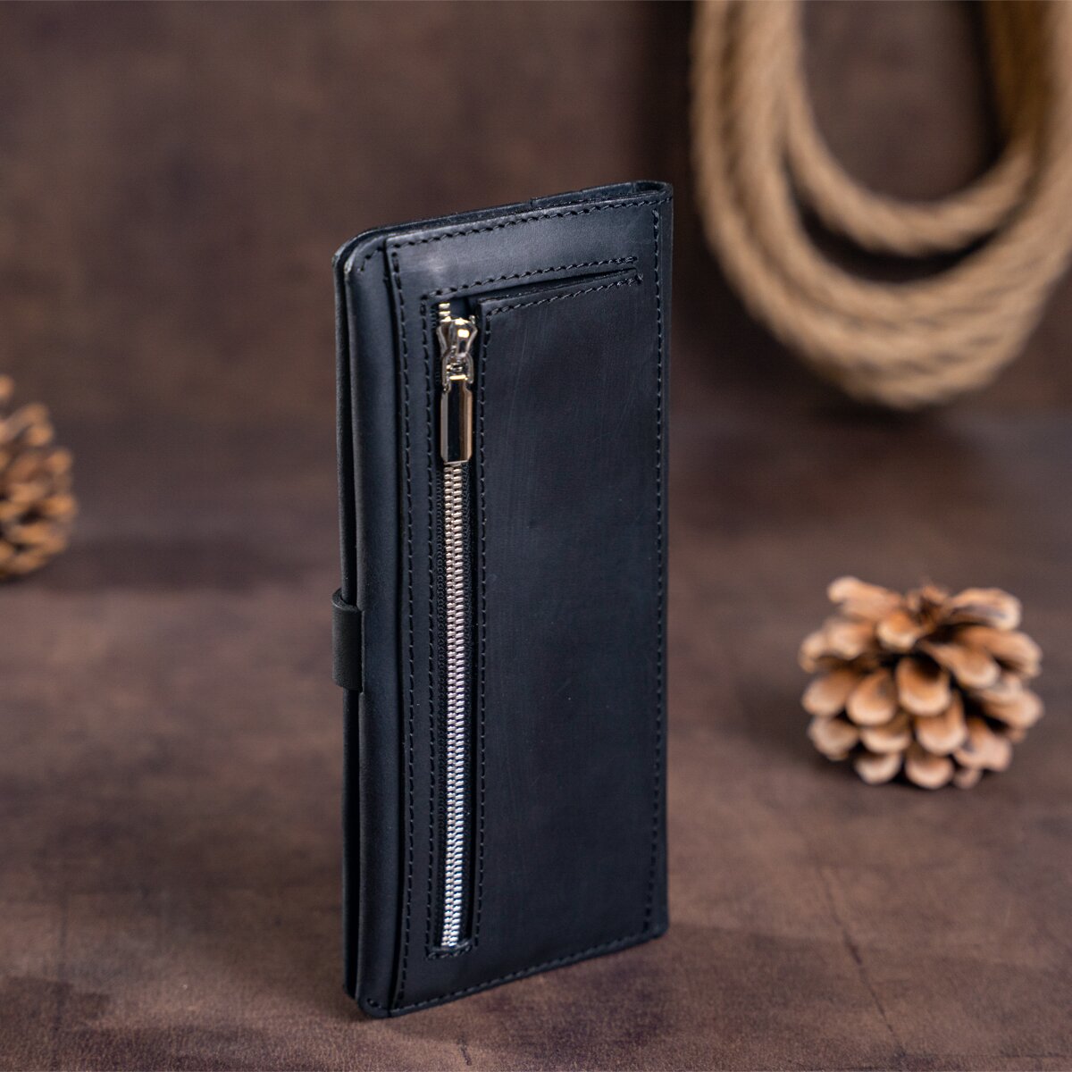 Men's Wallet SHVIGEL 16209 Vintage Black Leather, Natural Leather Material, Ukraine