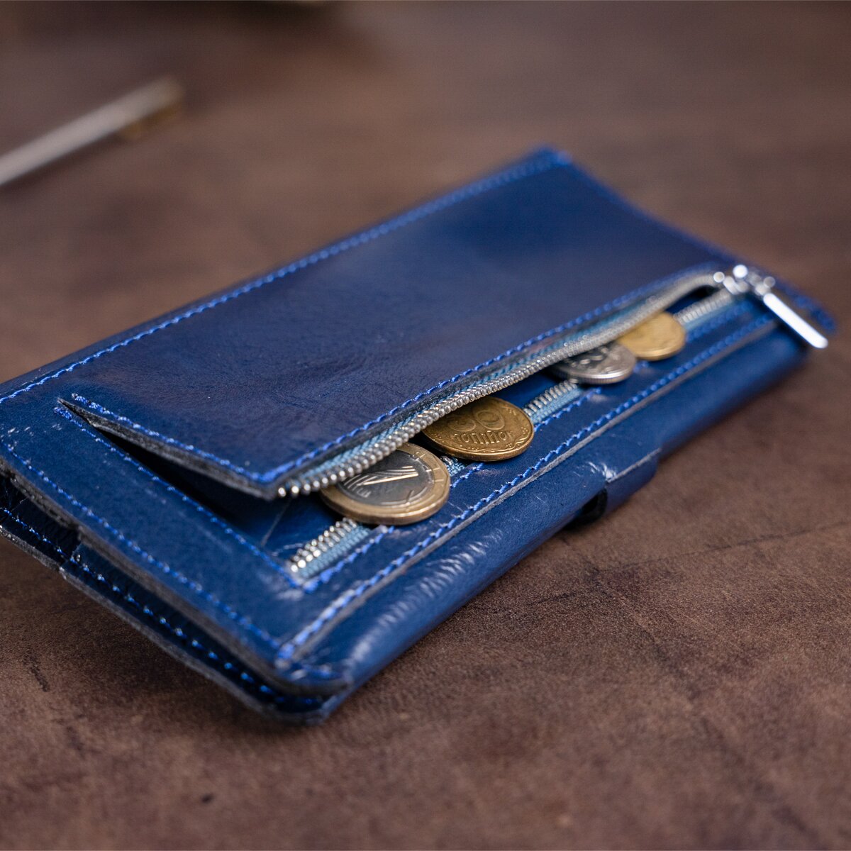 Unisex Leather Wallet SHVIGEL 16201 Blue - Genuine Leather, Ukrainian Craftsmanship