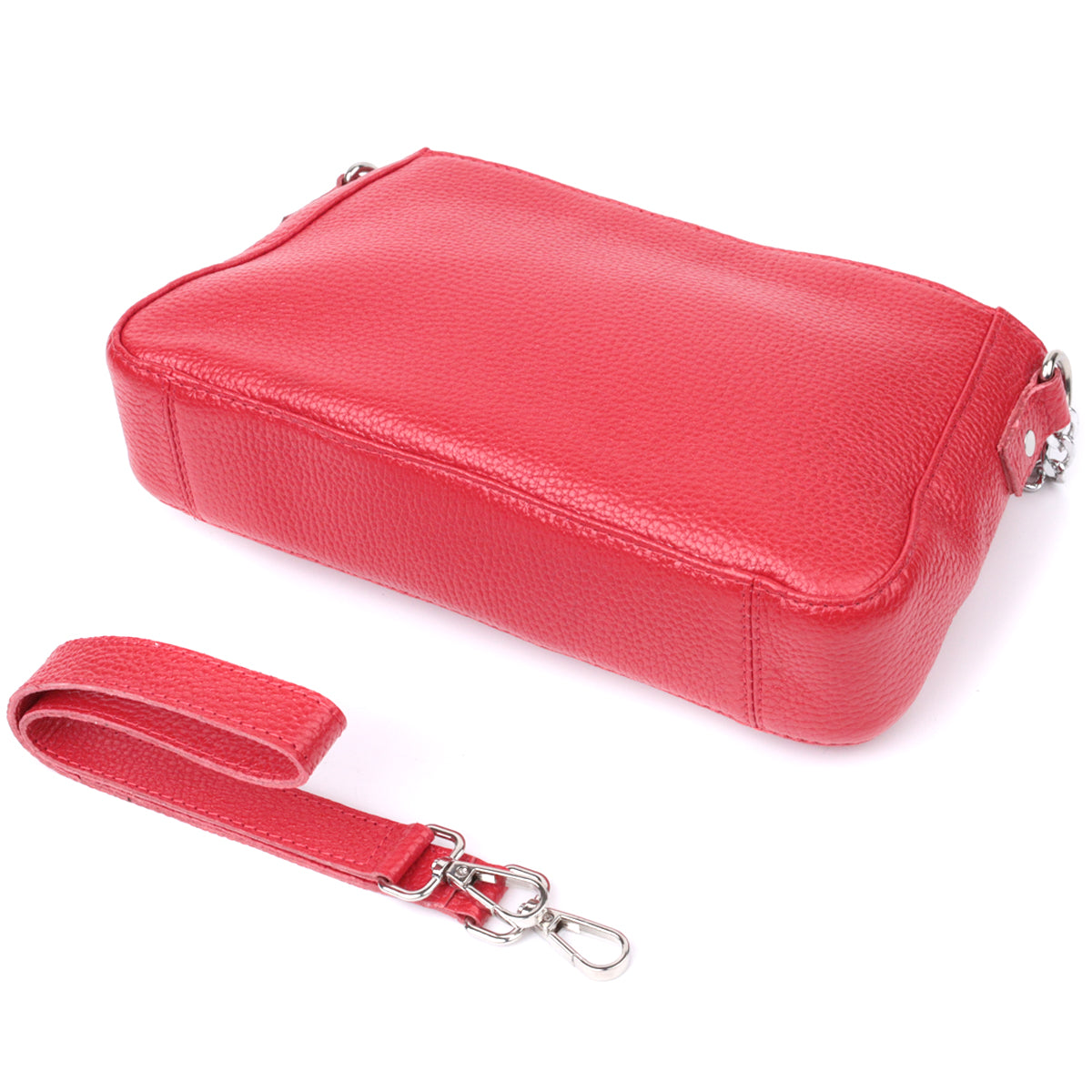 Bright Baguette Bag with Chain and Detachable Strap, SHVIGEL 22836, Red, Natural Leather