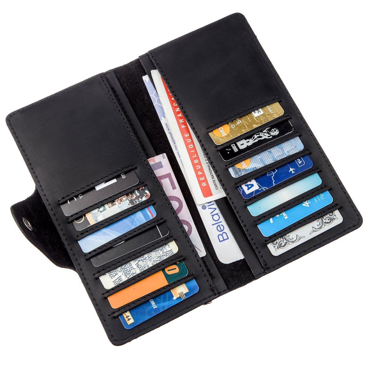 Vertical Men's Wallet by SHVIGEL 16182 in Black Vintage Leather with Button Closure