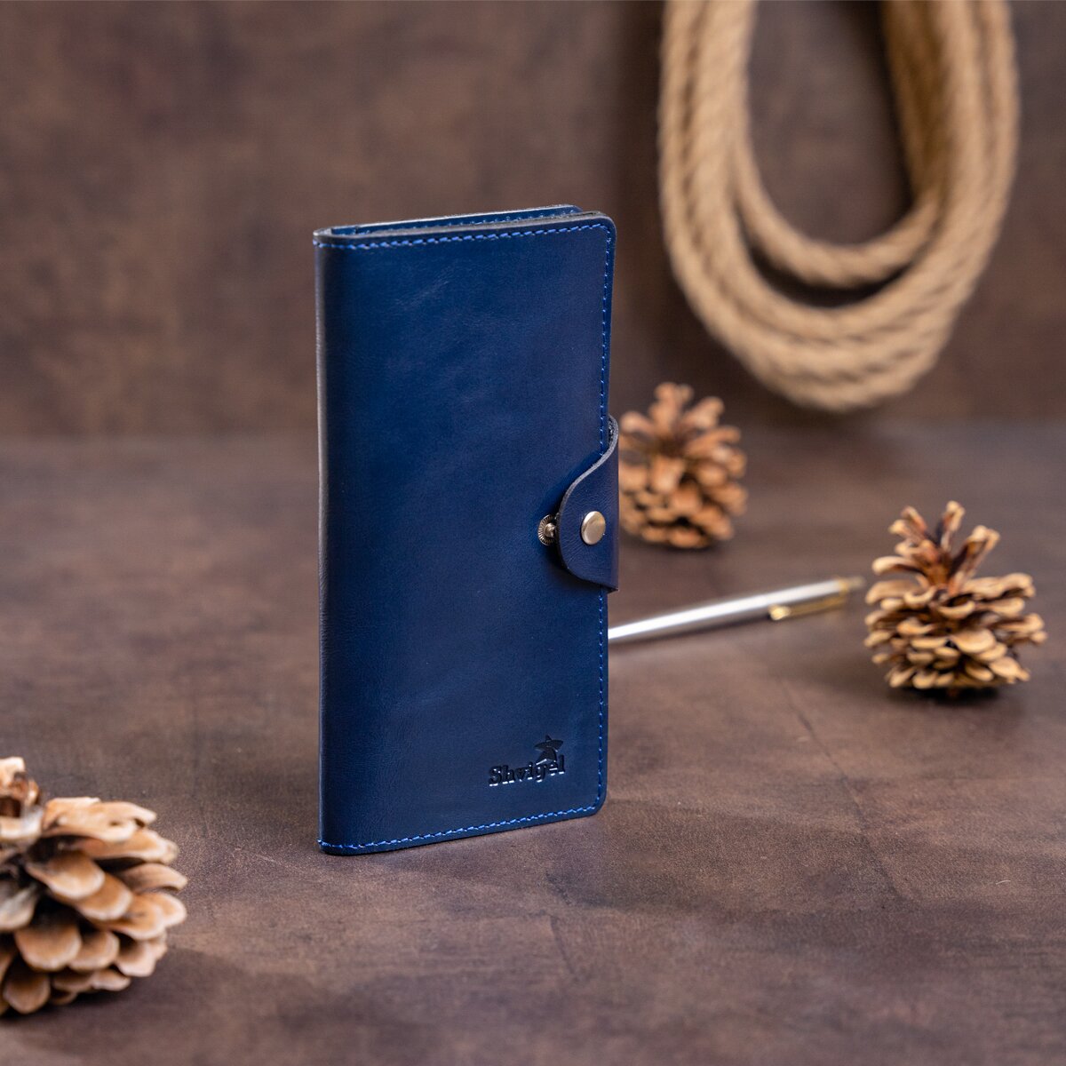 Unisex Leather Wallet SHVIGEL 16170 Blue Alcor with Buttons - Genuine Leather from Ukraine
