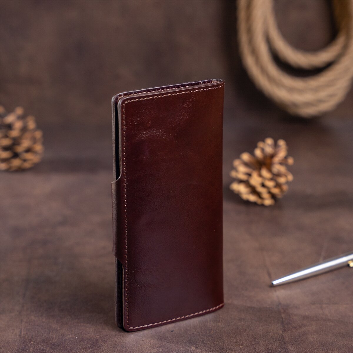 Vertical Wallet SHVIGEL 16171 Brown Alcor Leather with Snap Closure, Ukraine Made