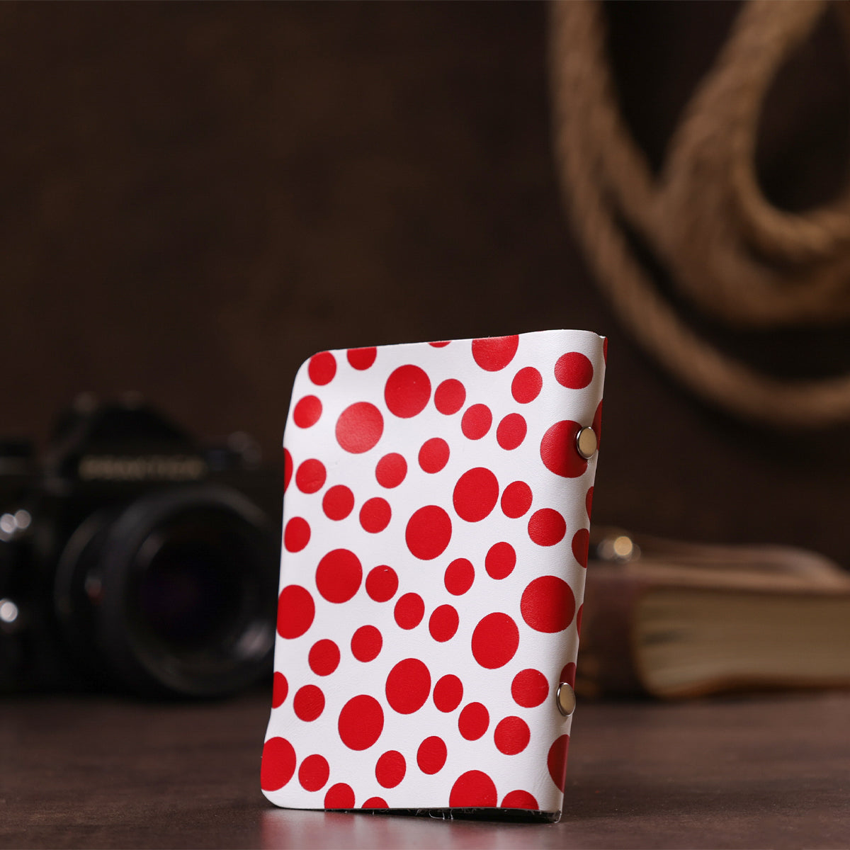 Leather Vertical Business Card Holder SHVIGEL 19081 Red Polka Dot Genuine Leather