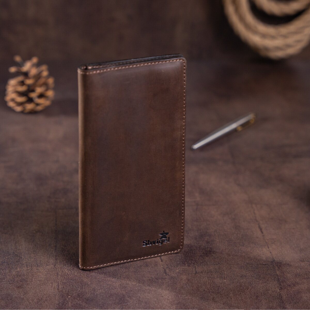 Vertical Men's Wallet SHVIGEL 16198 Brown Matte Genuine Leather Made in Ukraine