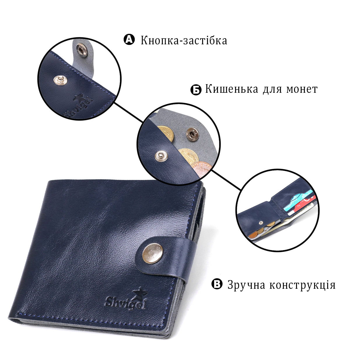 Compact Leather Wallet SHVIGEL 16444 Blue Natural Leather Made in Ukraine