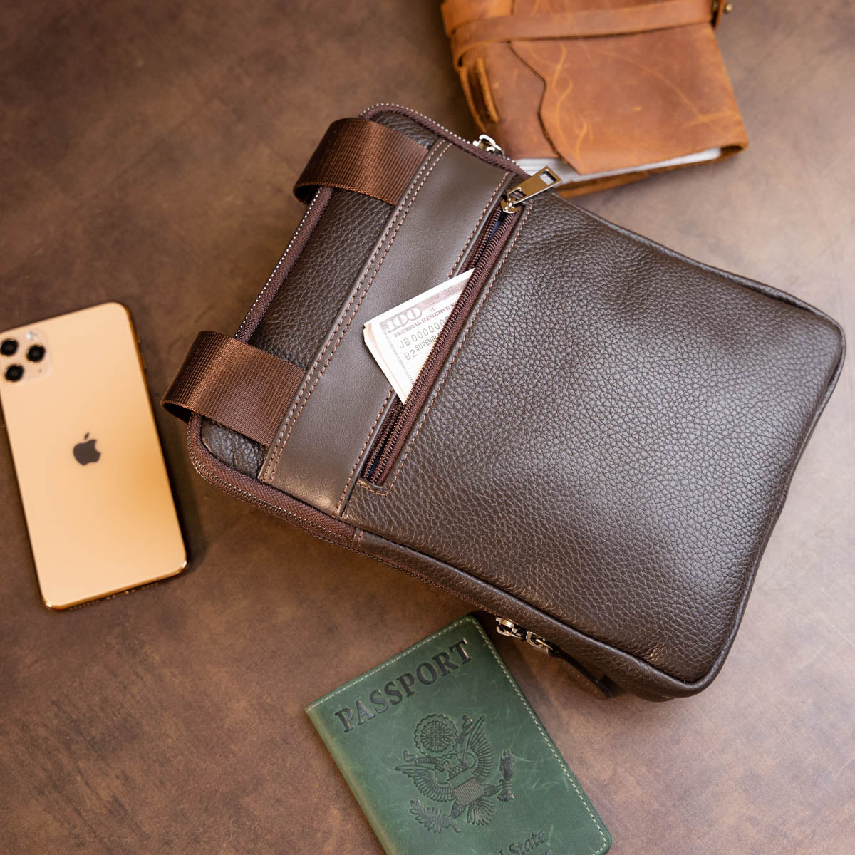 Men's Leather Flotar Tablet Bag SHVIGEL 11286 Brown with Two Compartments