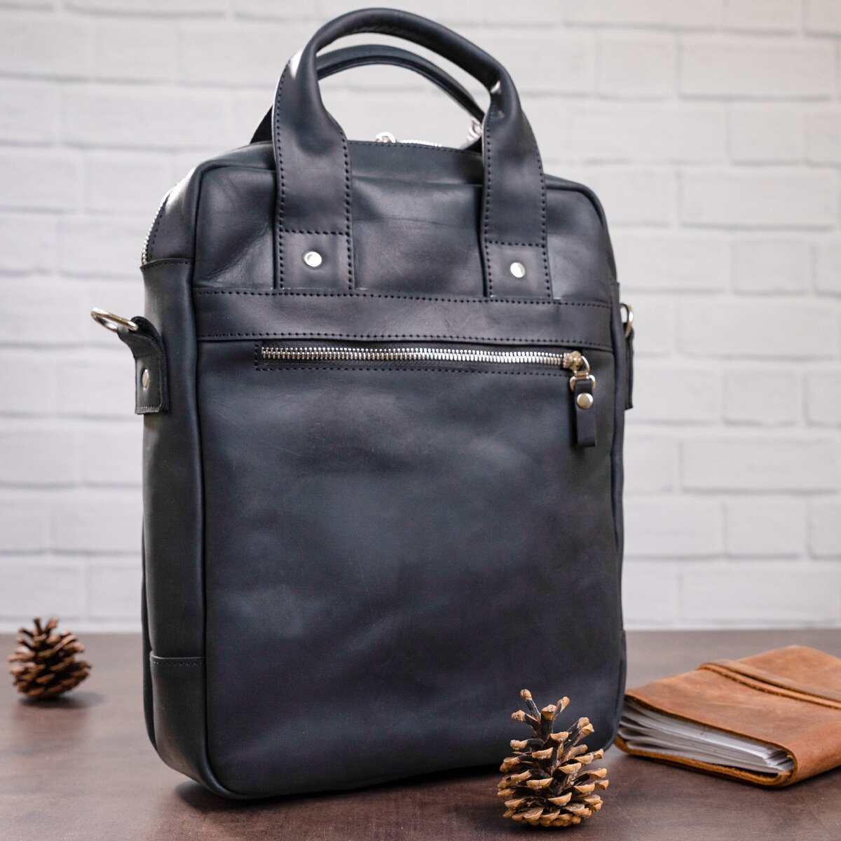 Vertical Men's Bag SHVIGEL 11169 A4 Size Black Matte Natural Leather