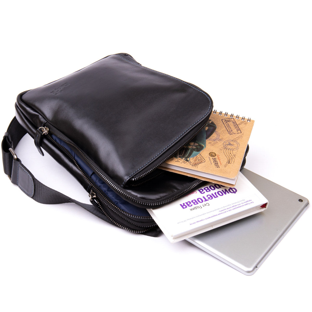 Men's Tablet Bag SHVIGEL 11281 Black Leather with Zip Pocket, Stylish Design