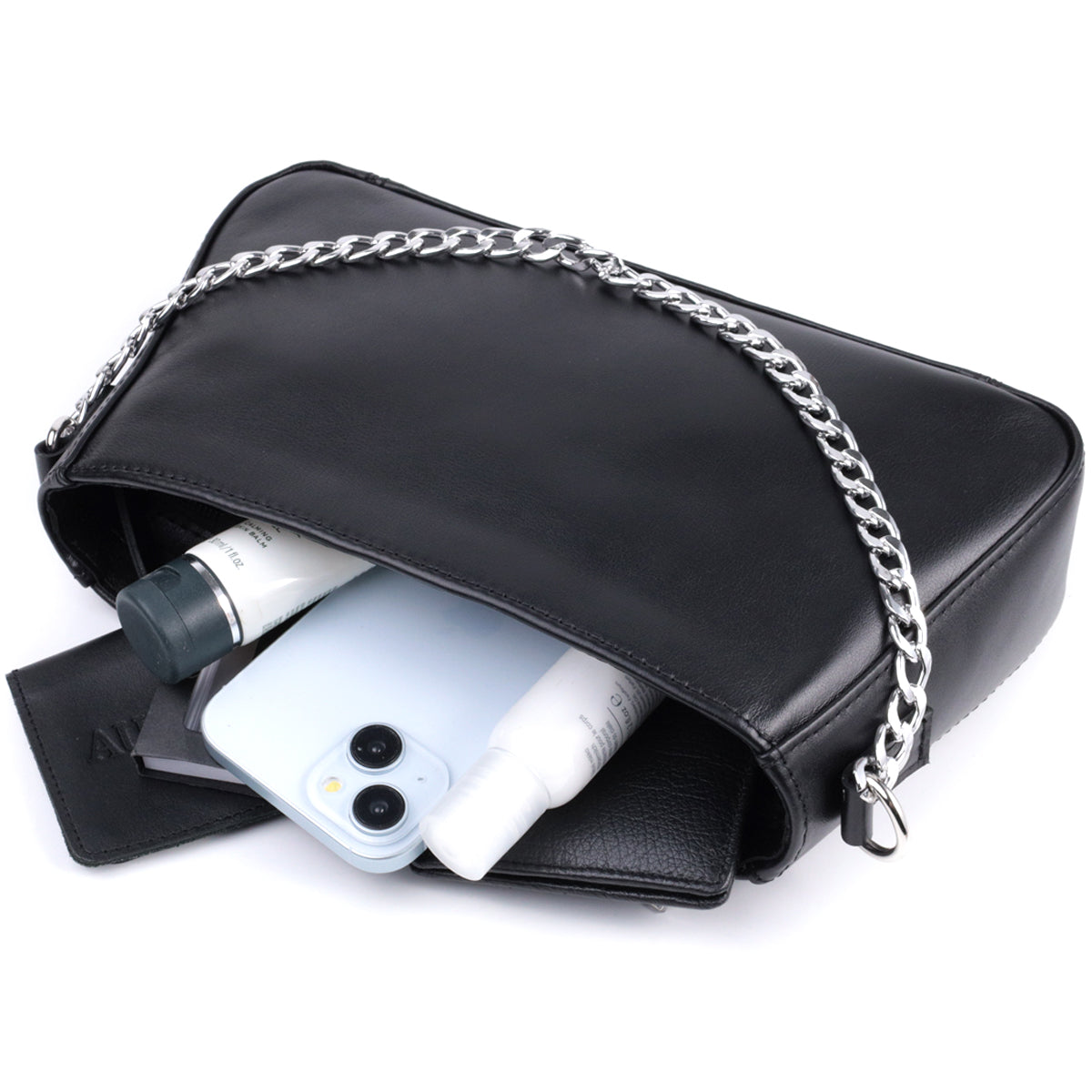 Ladies' Baguette Bag with Detachable Chain and Strap, SHVIGEL 22838, Black Leather