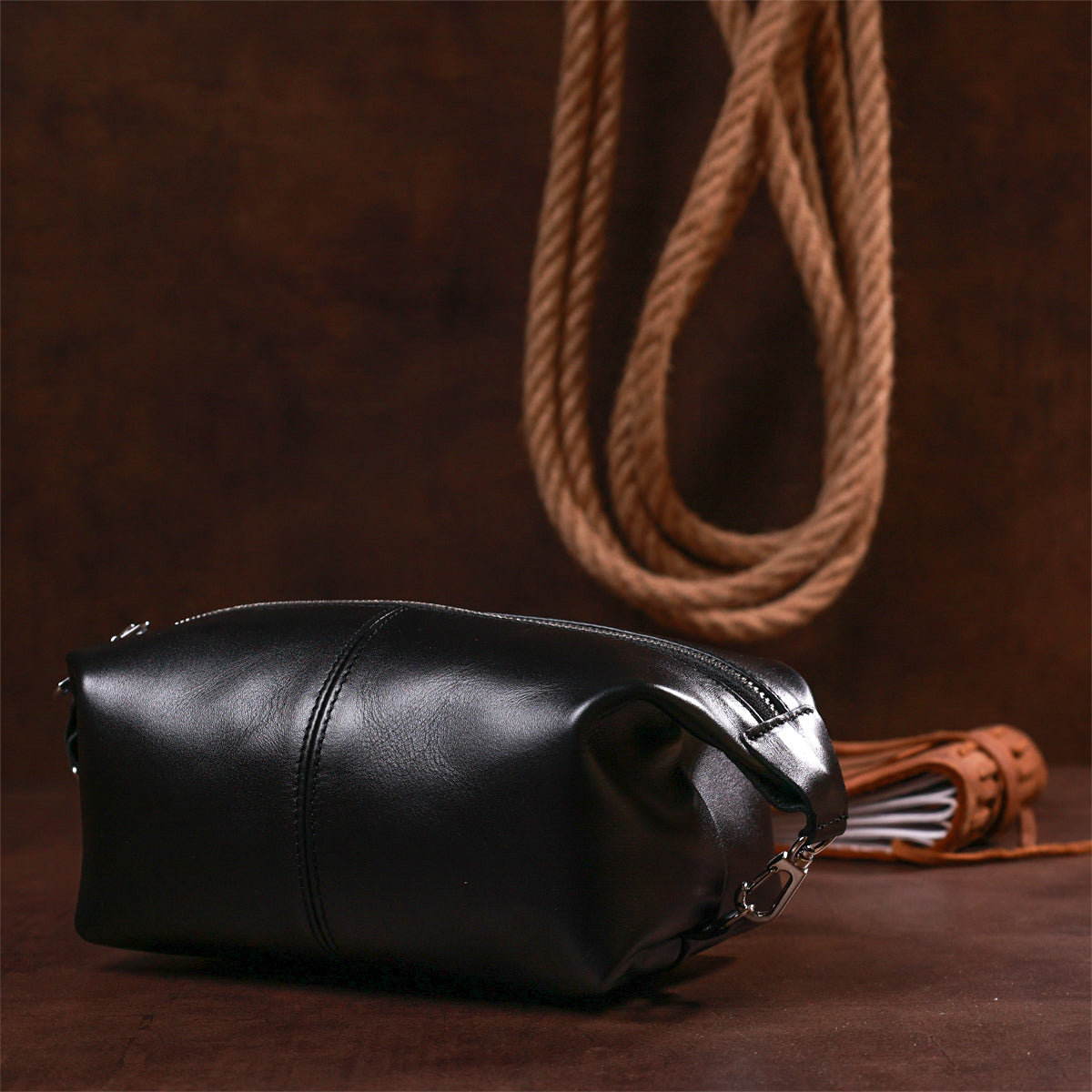 Glossy Cosmetic Bag SHVIGEL 16403 Black Natural Leather for Stylish Looks