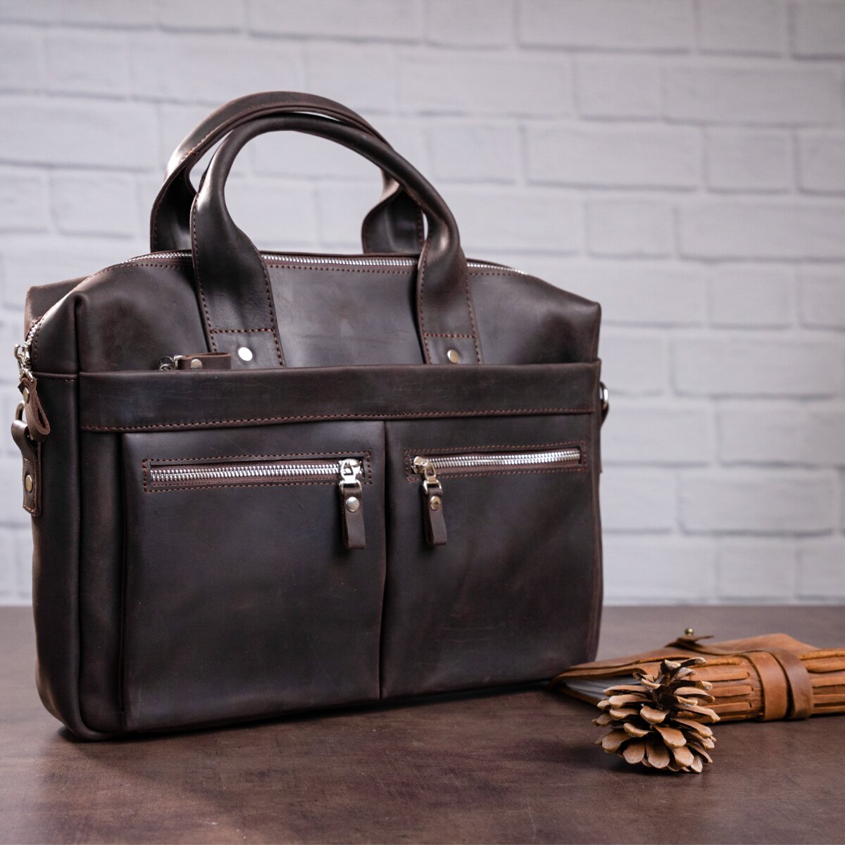 Leather Laptop Bag SHVIGEL 11020 Brown Natural Leather Handmade in Ukraine