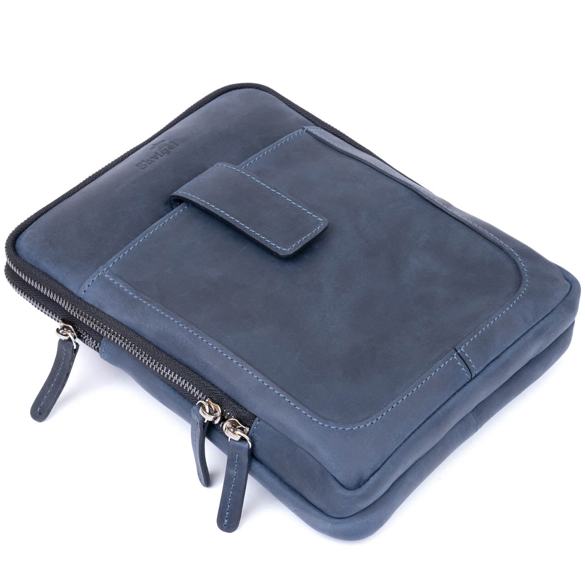Men's Vintage Leather Tablet Bag SHVIGEL 11284 Blue Dual Compartment Natural Leather