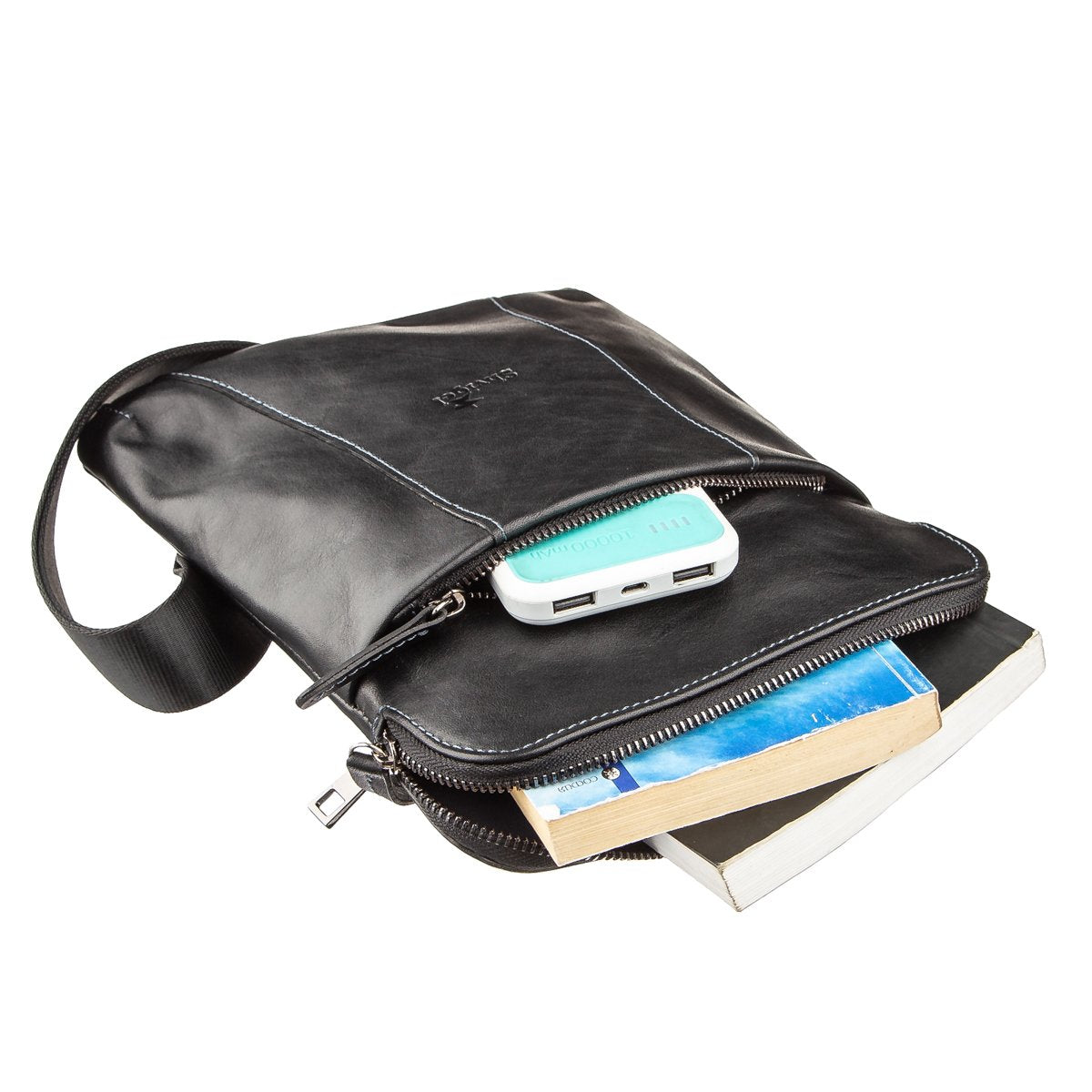 Vertical Men's Messenger Bag SHVIGEL 11177 Vintage Leather Black, Natural Material