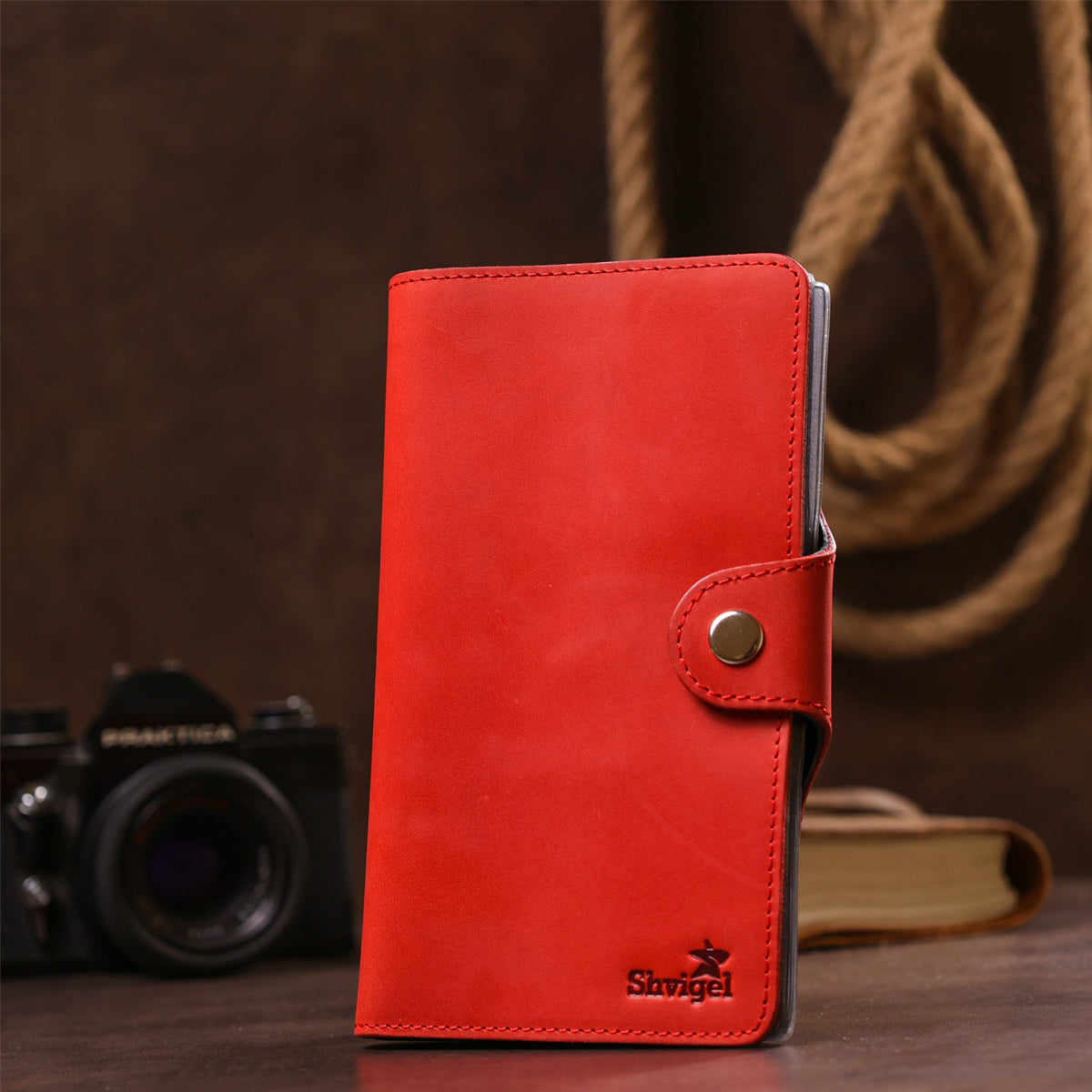 Large Red Leather Business Card Holder SHVIGEL 13907 Ukrainian Natural Leather