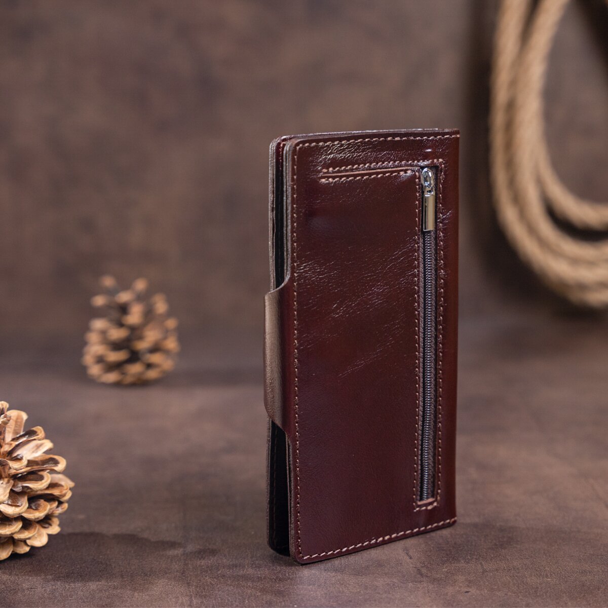 Vertical Men's Wallet SHVIGEL 16175 Brown Natural Leather with Snap Closure