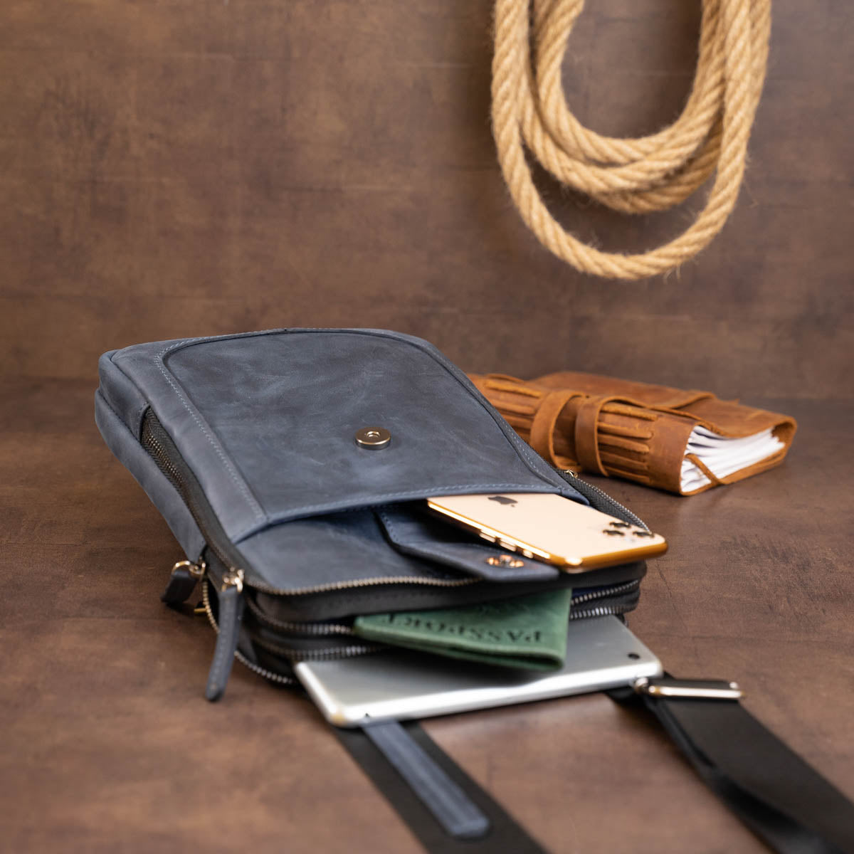 Men's Vintage Leather Tablet Bag SHVIGEL 11284 Blue Dual Compartment Natural Leather