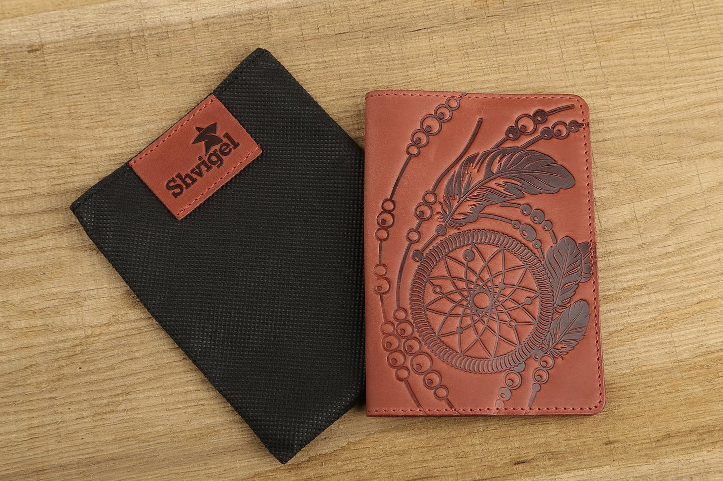 Exclusive Vintage Leather Passport Cover by SHVIGEL 13792 in Red - Crafted from Natural Leather, Made in Ukraine