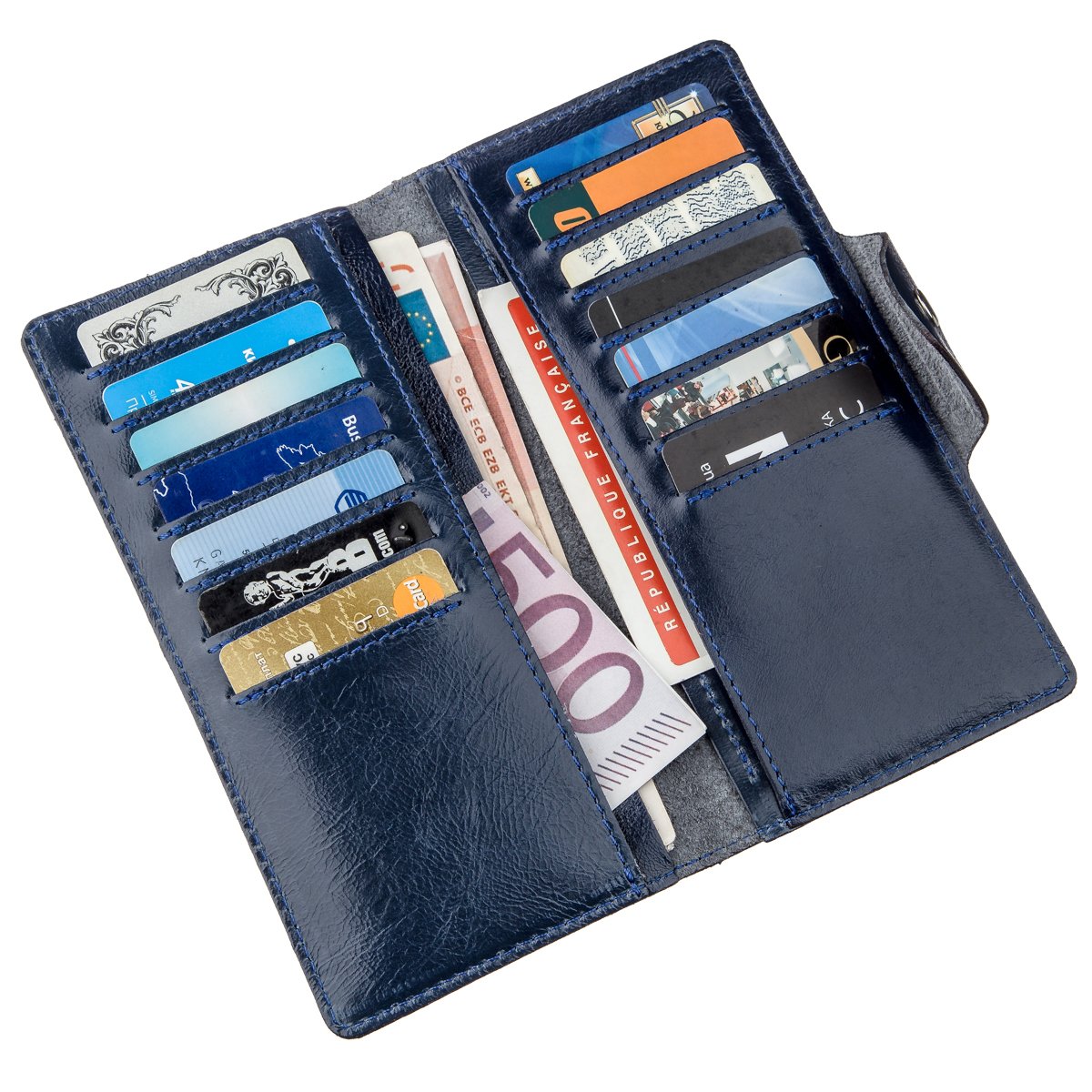Unisex Vertical Wallet SHVIGEL 16174 Blue Alcor Leather with Snap Closure