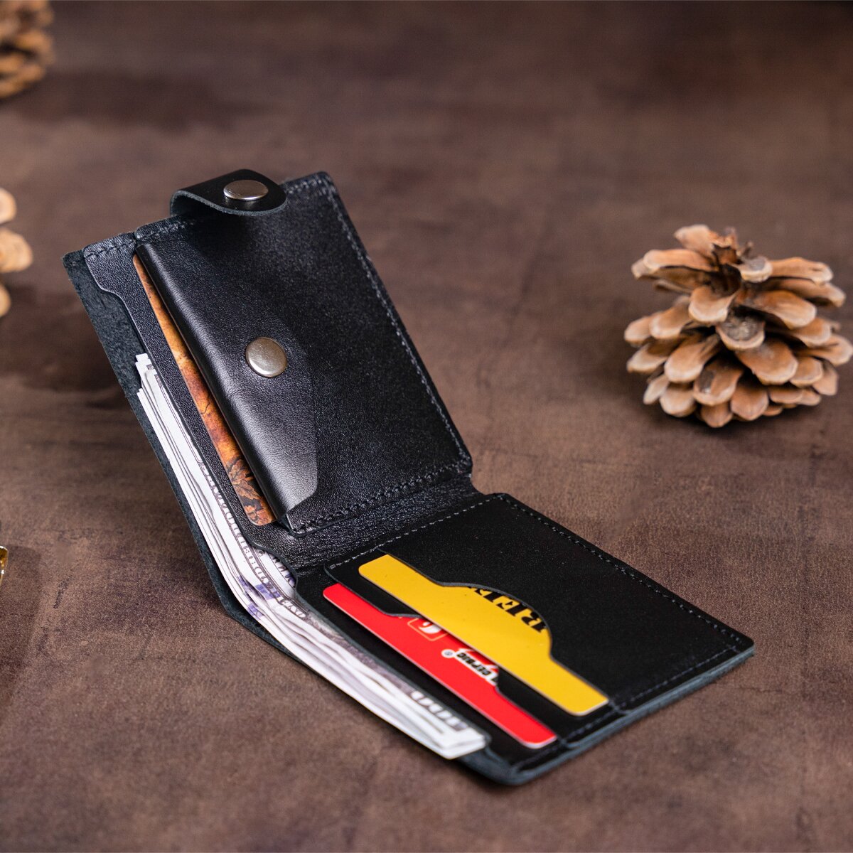Men's Leather Wallet with Coin Compartment SHVIGEL 16211 Black, Natural Leather, Ukraine