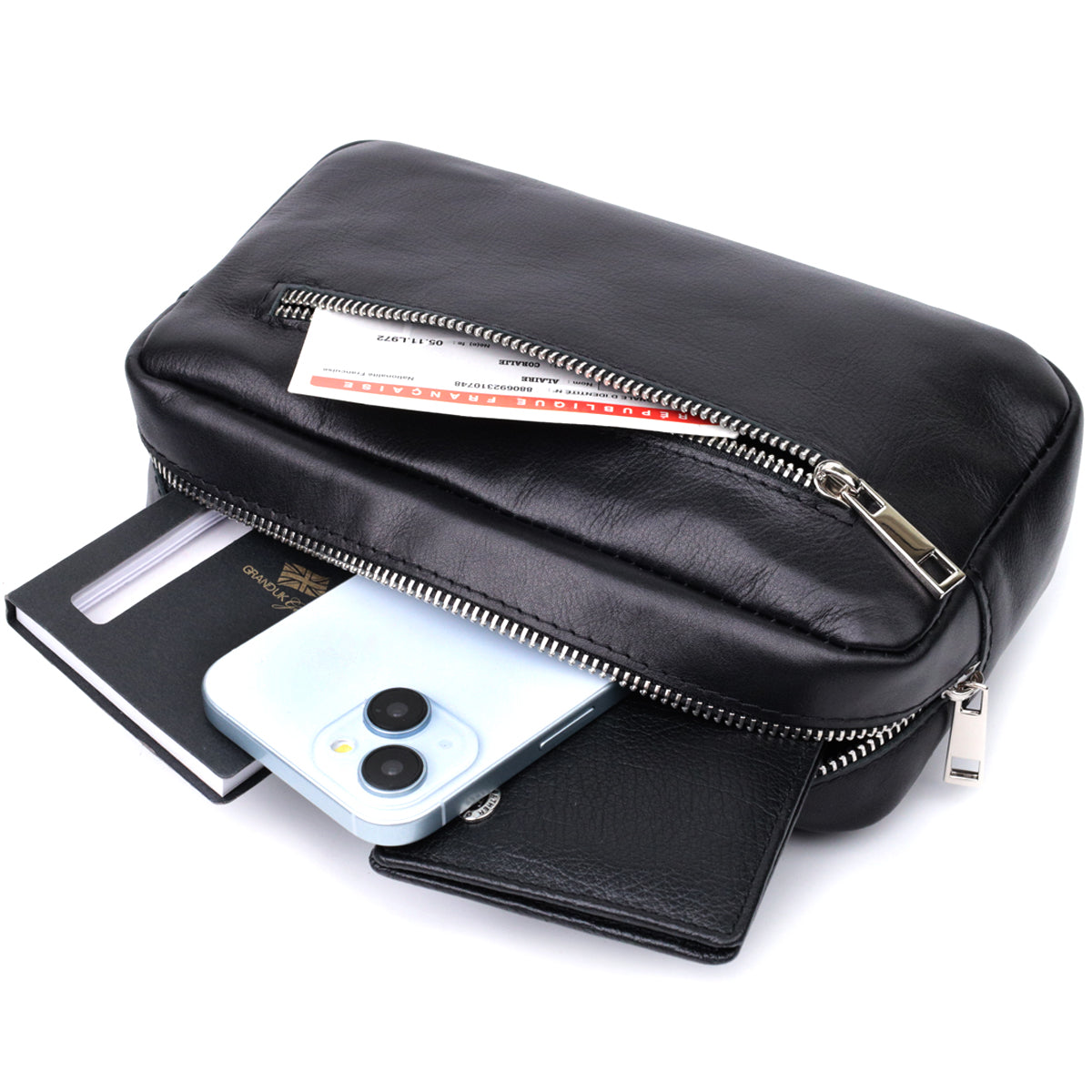 Rectangular Men's Banana Bag SHVIGEL 22825 Black Glossy Leather Made in Ukraine
