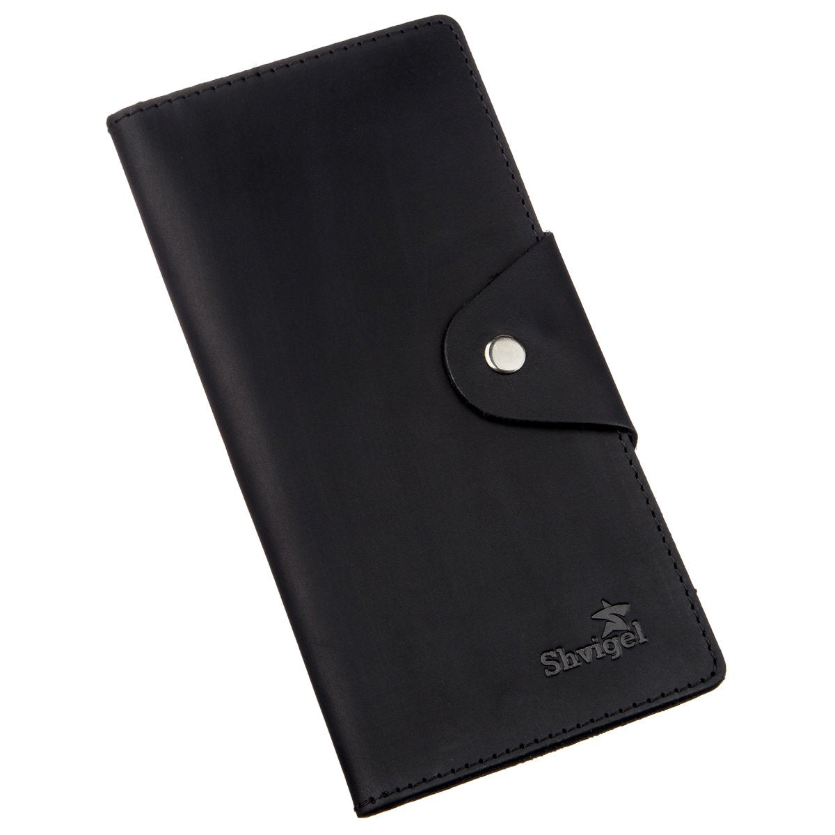 Vertical Men's Wallet by SHVIGEL 16182 in Black Vintage Leather with Button Closure