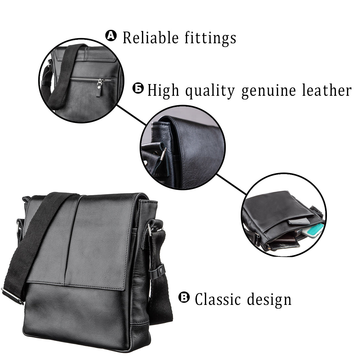 Leather Messenger Bag SHVIGEL 00793 Black Genuine Leather, Handmade in Ukraine