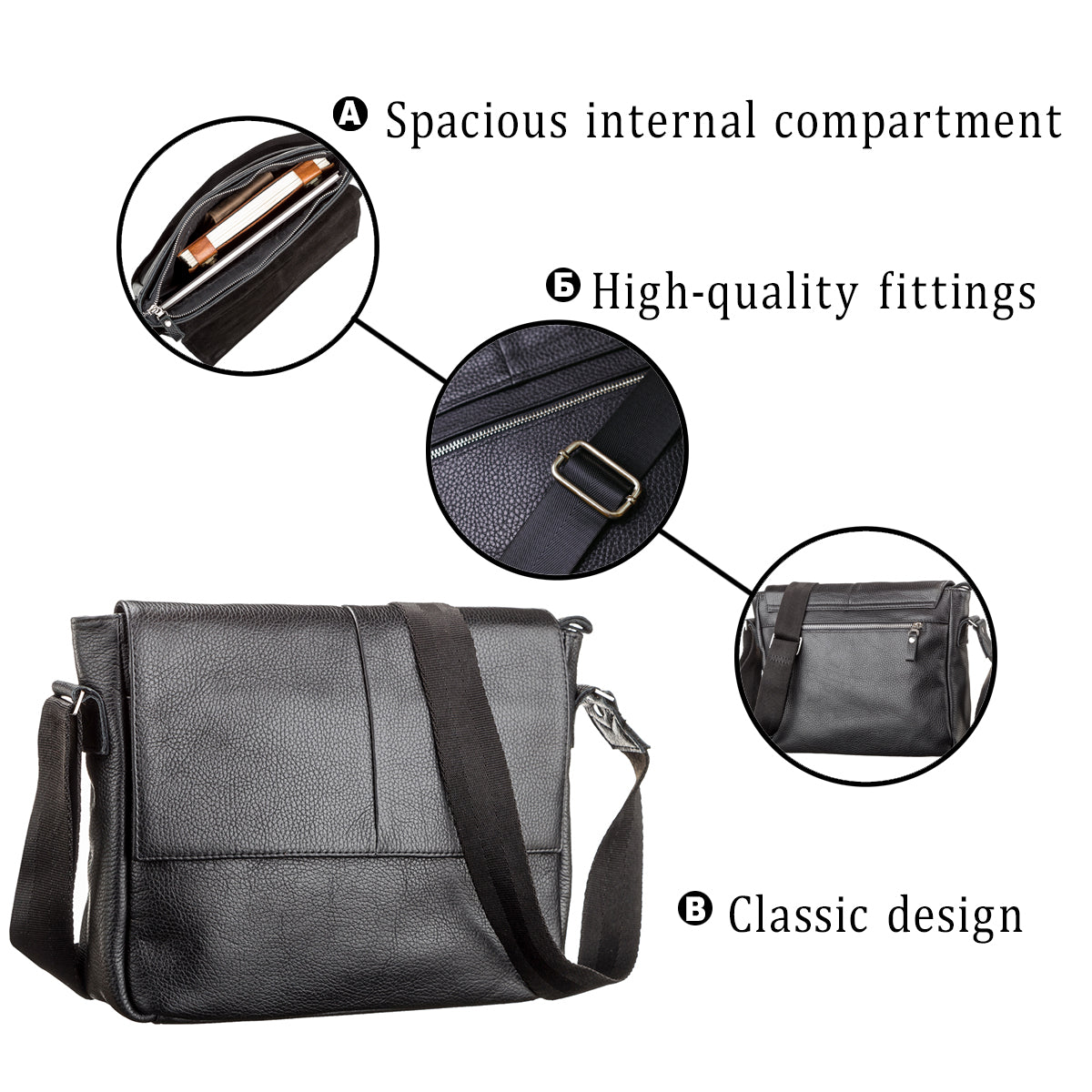 Black SHVIGEL Leather Bag 00797 - Premium Quality Natural Leather, Made in Ukraine