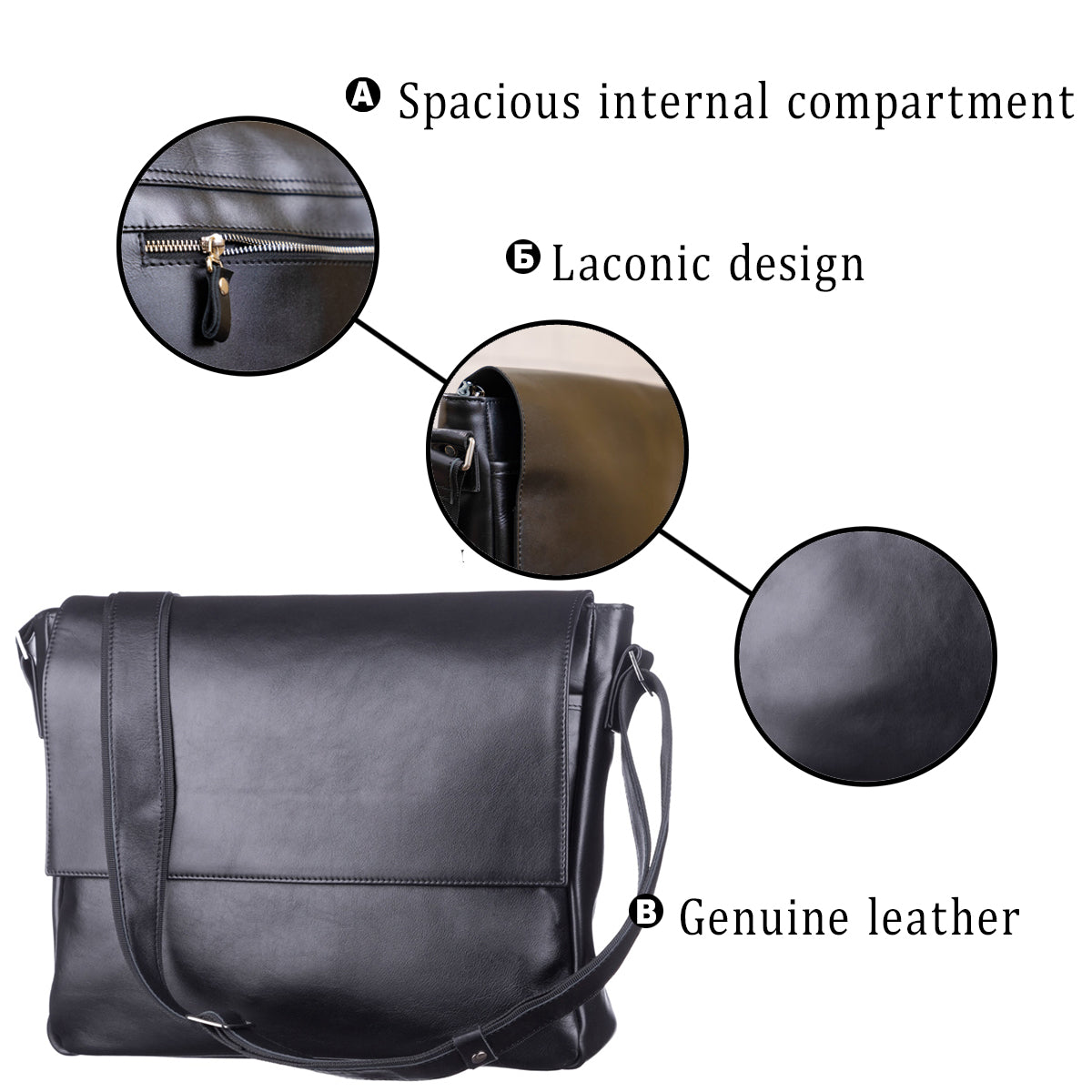 Leather Bag SHVIGEL 11039 Black - Premium Quality Natural Leather from Ukraine