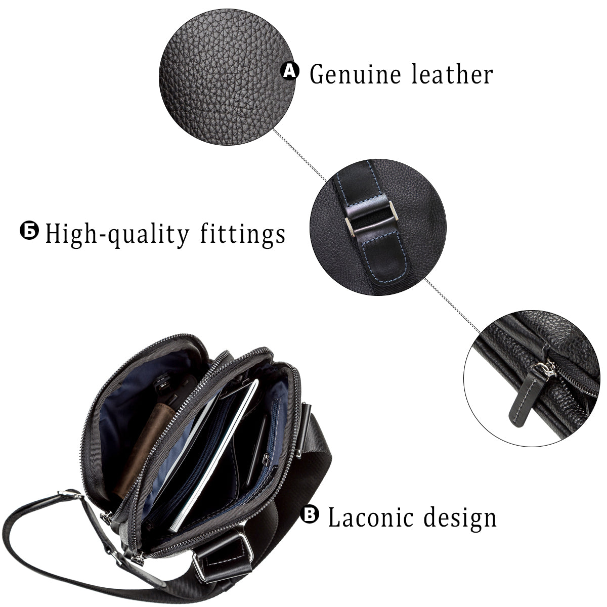 Men's Leather Bag SHVIGEL 11090 Genuine Black Leather Durable Design