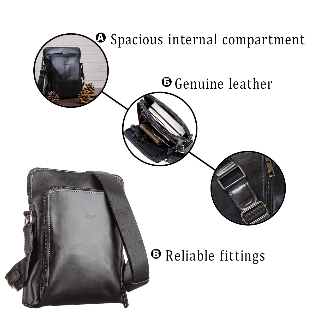 Men's Leather Bag SHVIGEL 11101 Black Genuine Leather Handmade in Ukraine