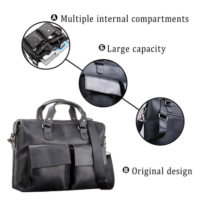 Leather Laptop Bag SHVIGEL 11111 Black Genuine Leather Made in Ukraine