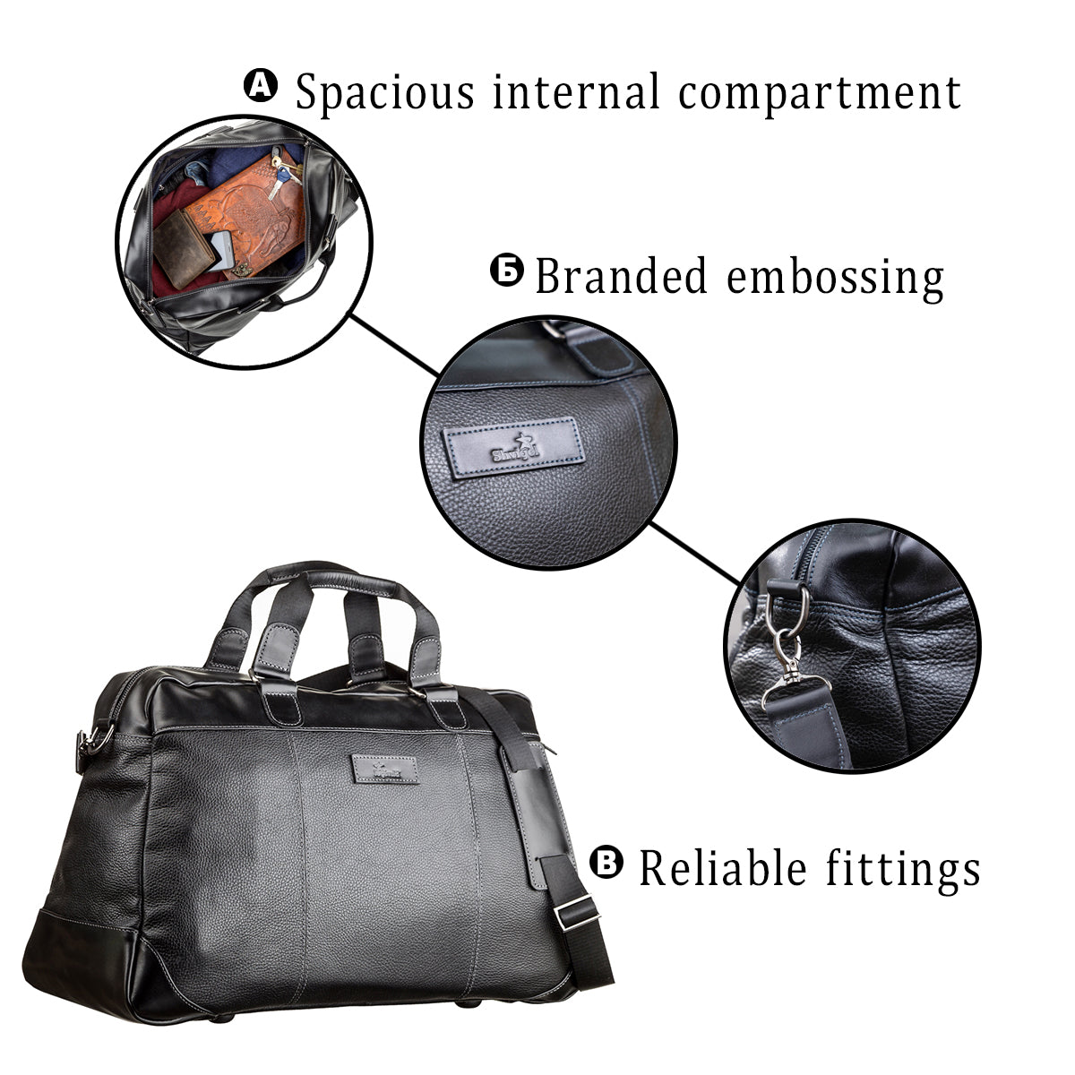 Travel Bag SHVIGEL 11120 Genuine Black Leather from Ukraine with Durable Design