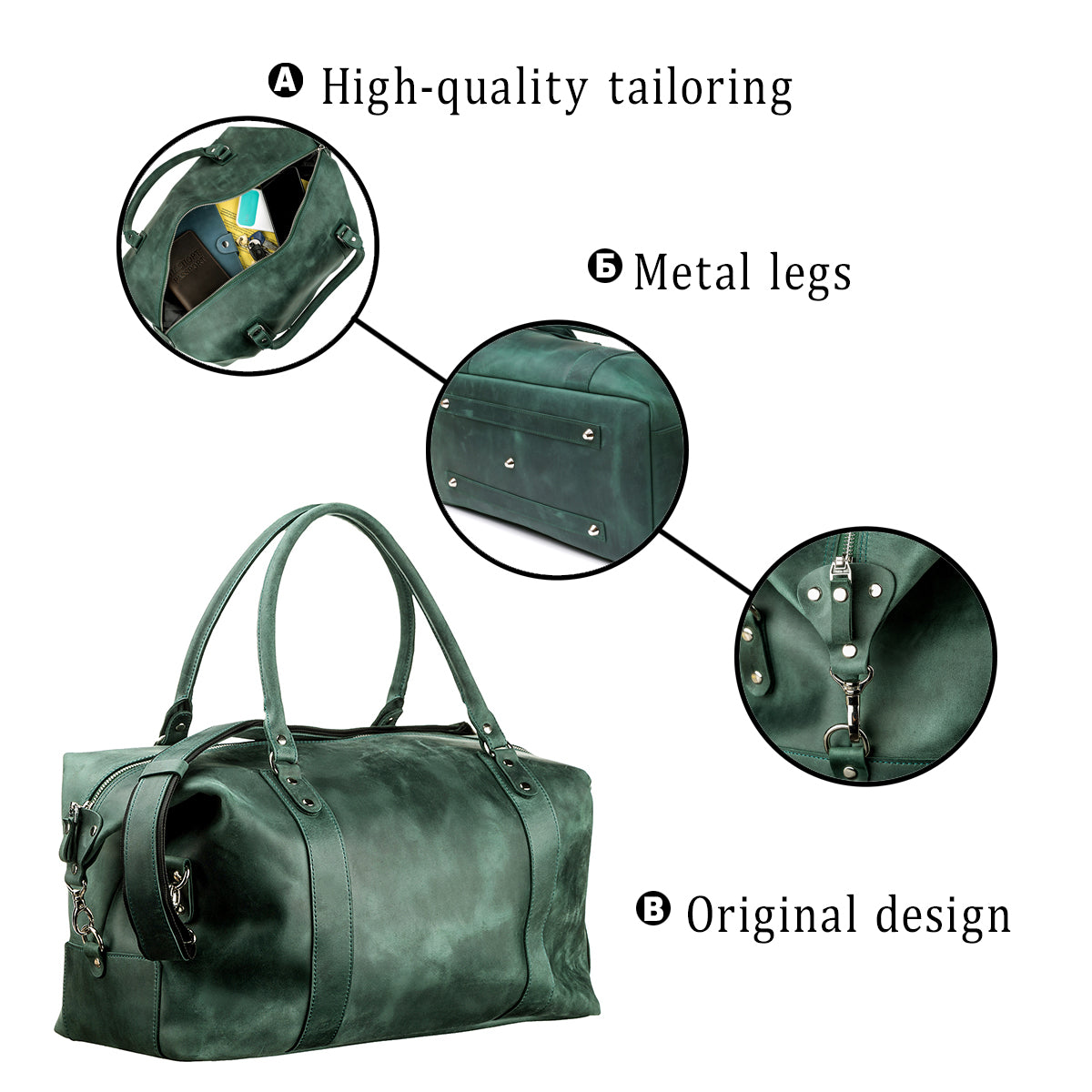 Travel Bag SHVIGEL 11128 Green Natural Leather Durable Design from Ukraine