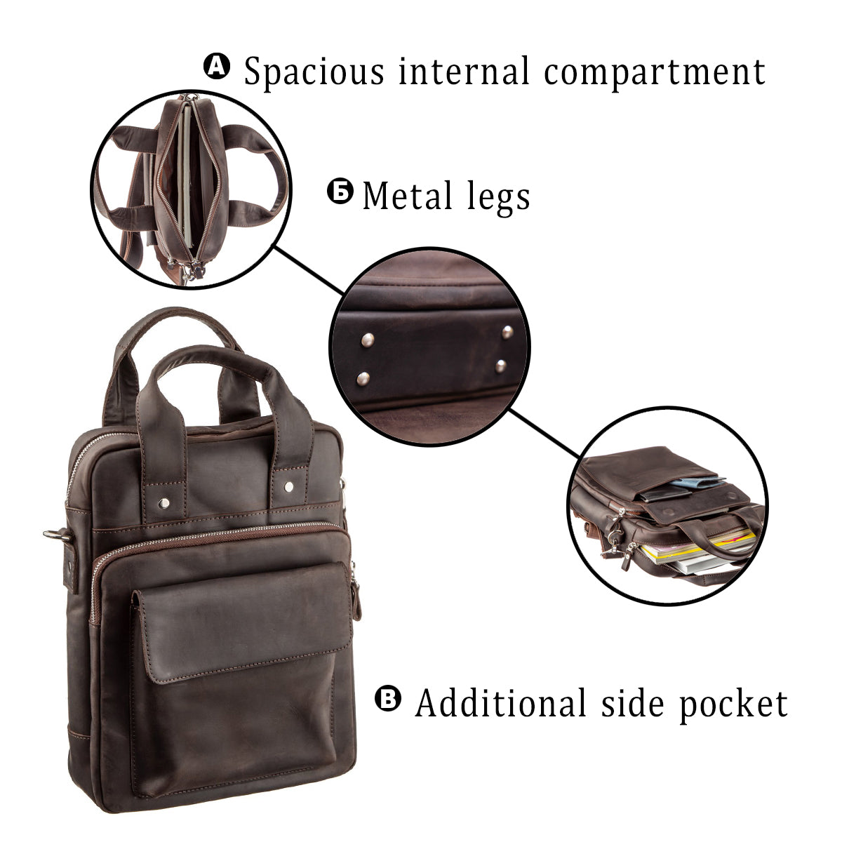 Vintage A4 Vertical Leather Bag by SHVIGEL 11166, Brown, Natural Leather Material, Made in Ukraine