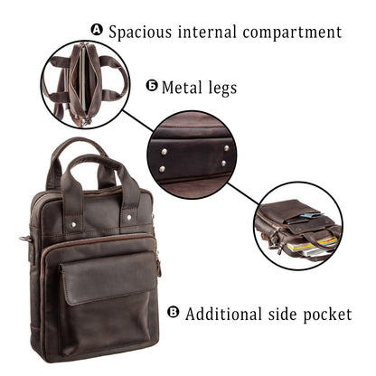 Vintage A4 Vertical Leather Bag by SHVIGEL 11166, Brown, Natural Leather Material, Made in Ukraine