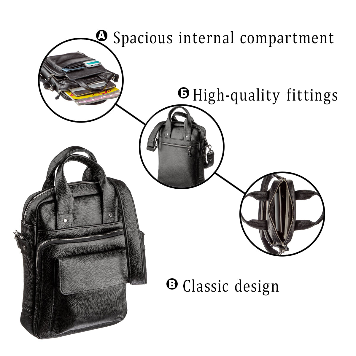 Men's Vertical Leather Bag SHVIGEL 11167 A4 Size Black Floater Natural Leather