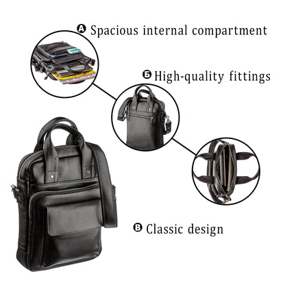Men's Vertical Leather Bag SHVIGEL 11167 A4 Size Black Floater Natural Leather