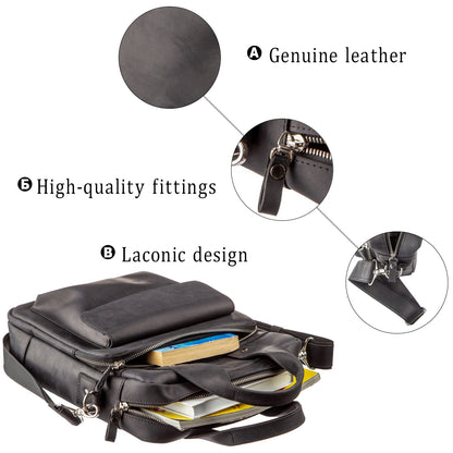 Vertical Men's Bag SHVIGEL 11169 A4 Size Black Matte Natural Leather