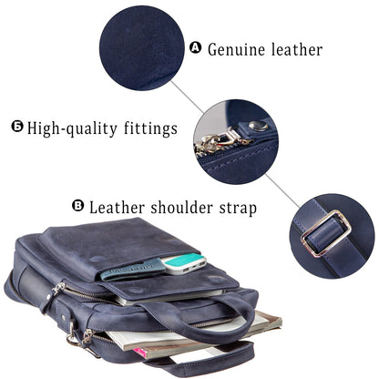 Stylish A4 Vertical Format Bag in Matte Leather by SHVIGEL, Model 11170, Blue Color
