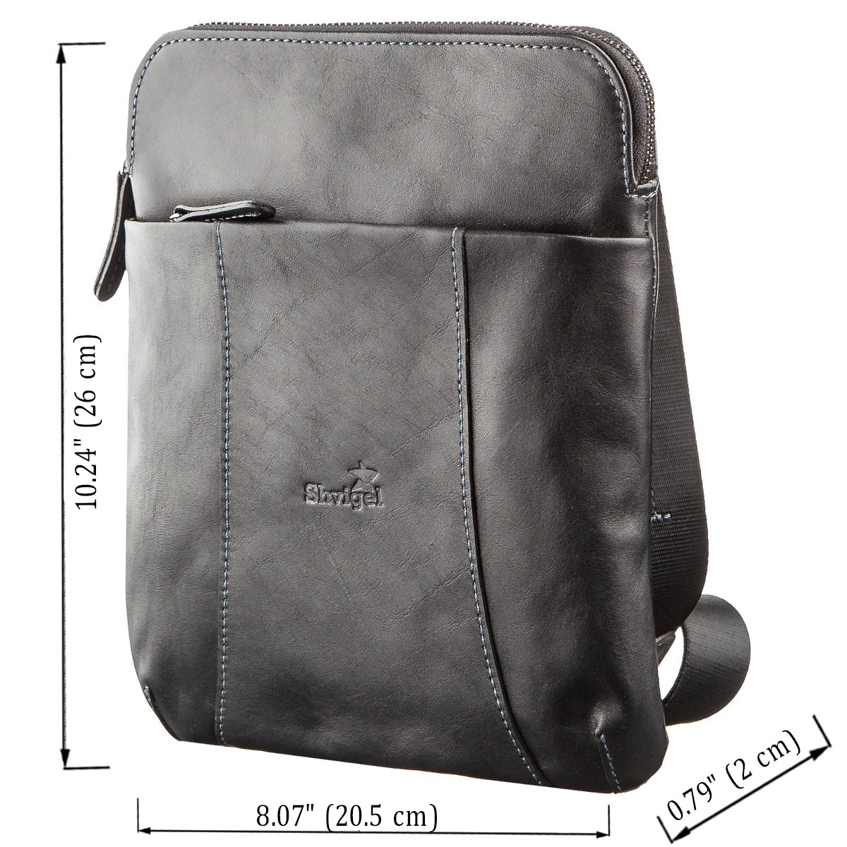 Vertical Men's Messenger Bag SHVIGEL 11177 Vintage Leather Black, Natural Material