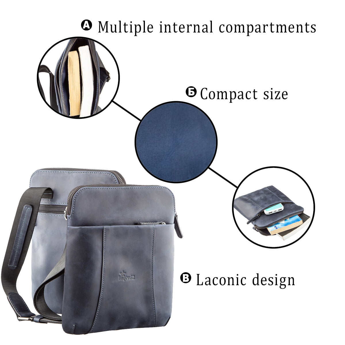 Stylish Men's Vintage Leather Messenger Bag SHVIGEL 11179 Blue, Made in Ukraine, High Quality Genuine Leather