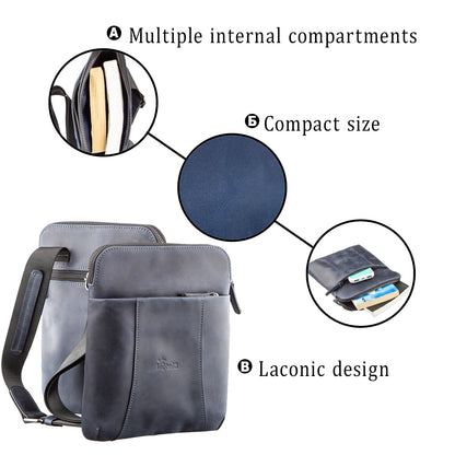 Stylish Men's Vintage Leather Messenger Bag SHVIGEL 11179 Blue, Made in Ukraine, High Quality Genuine Leather