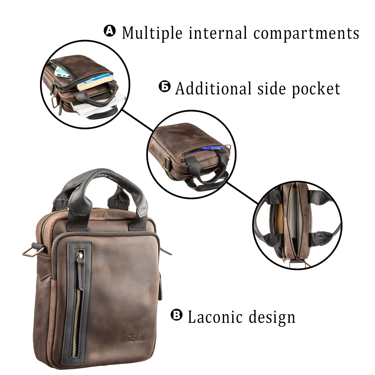 Men's Vintage Leather Bag SHVIGEL 11182 Brown and Black Combination, Ukraine Made