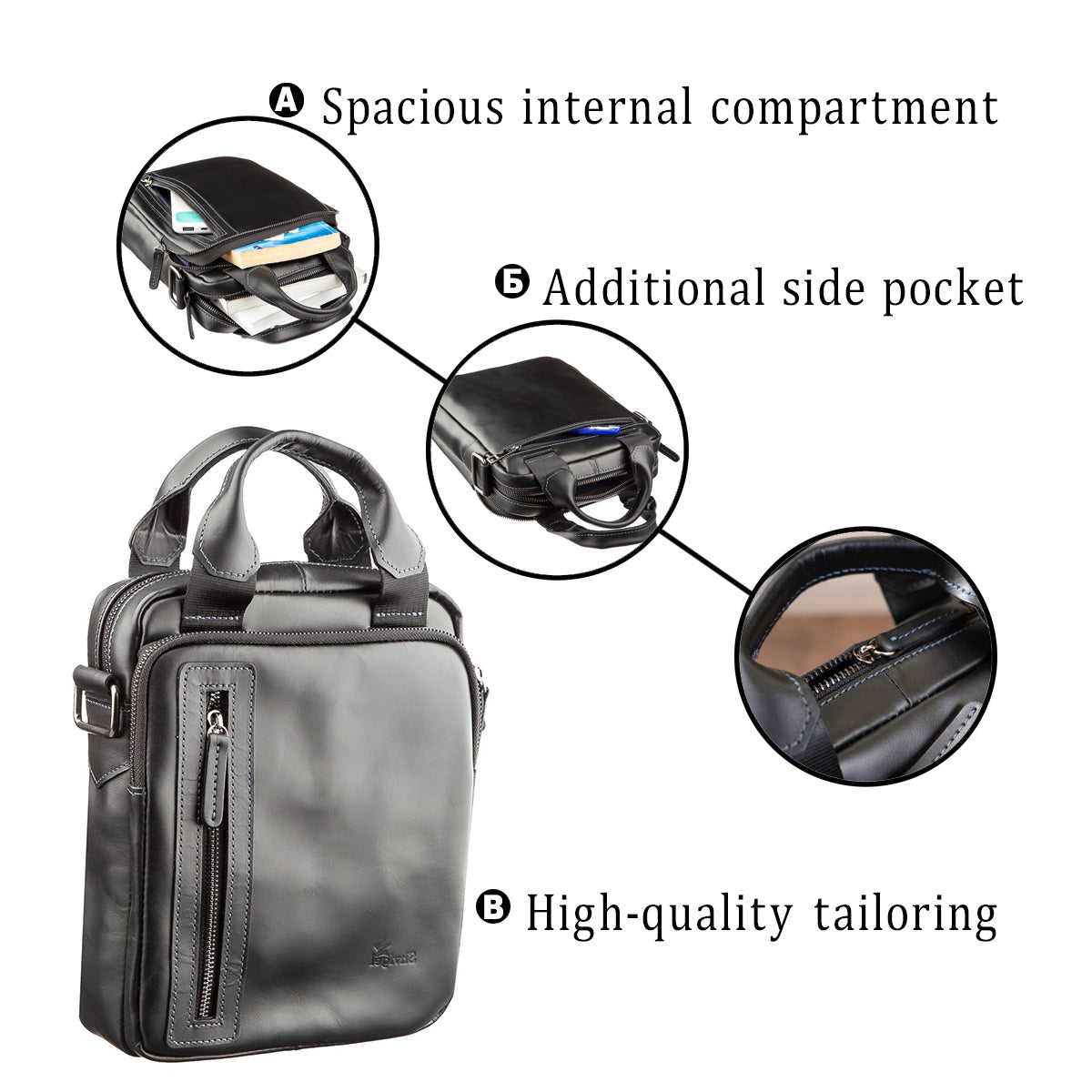 Men's Bag SHVIGEL 11184 Black Smooth Leather Natural Skin High-Quality Design